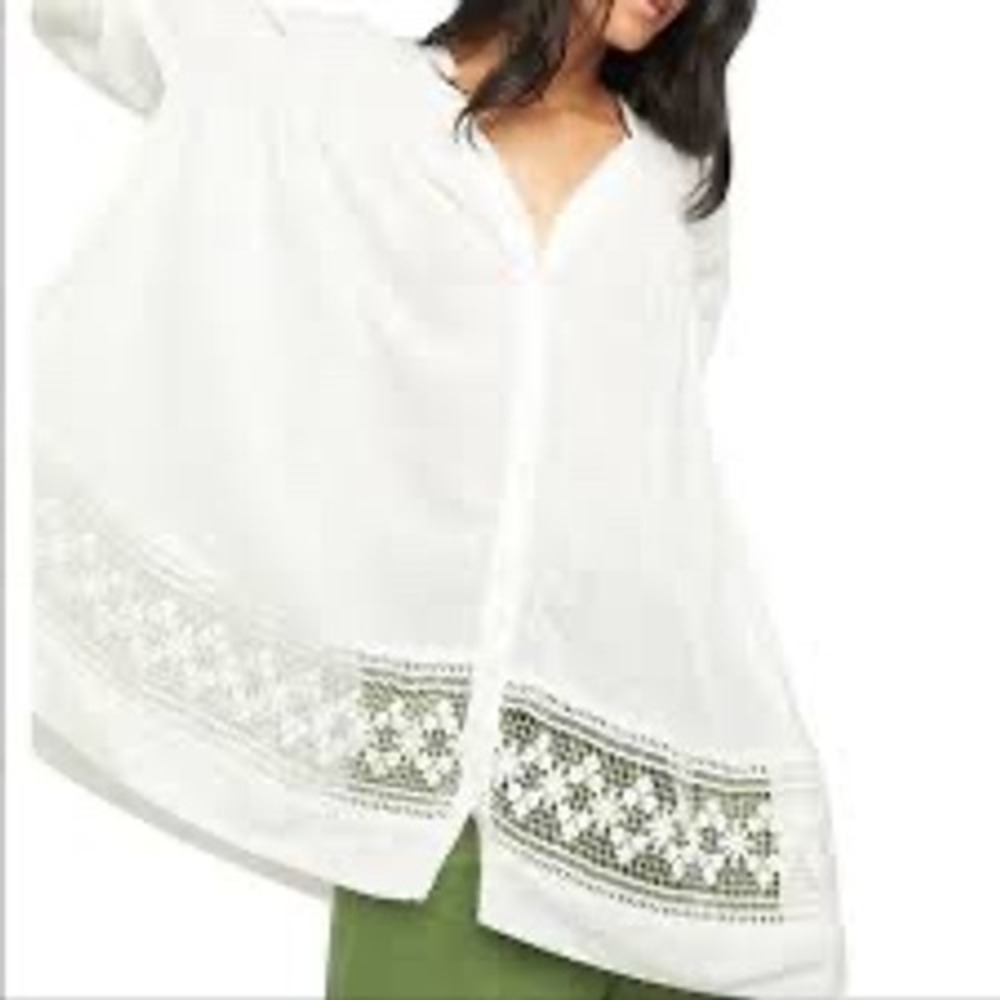 Free People Ivory Lace Hem Smocked V-Neck Button Up Tunic Top White Small